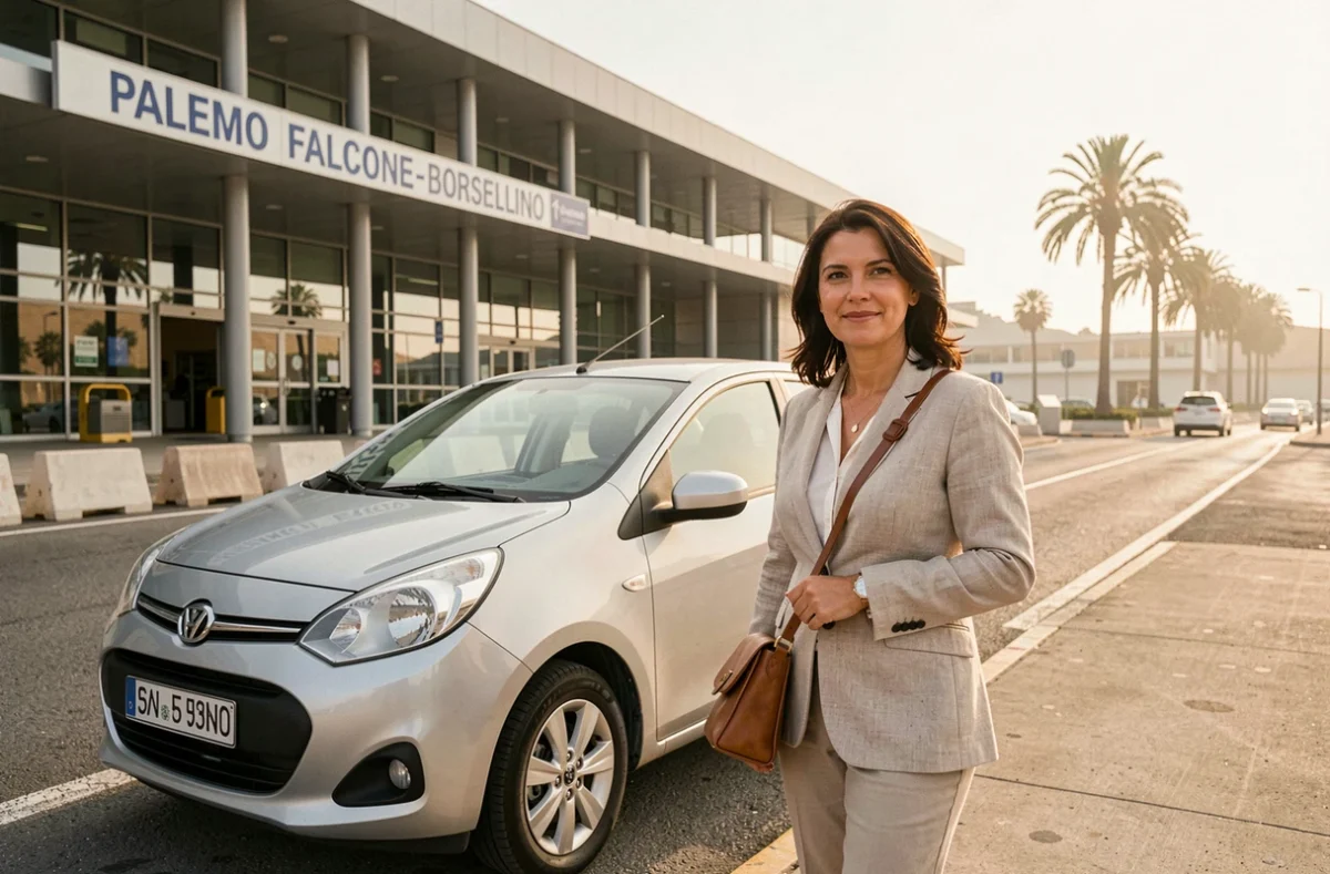 Femme récupérant une voiture de location devant l'aéroport de Palerme Falcone-Borsellino