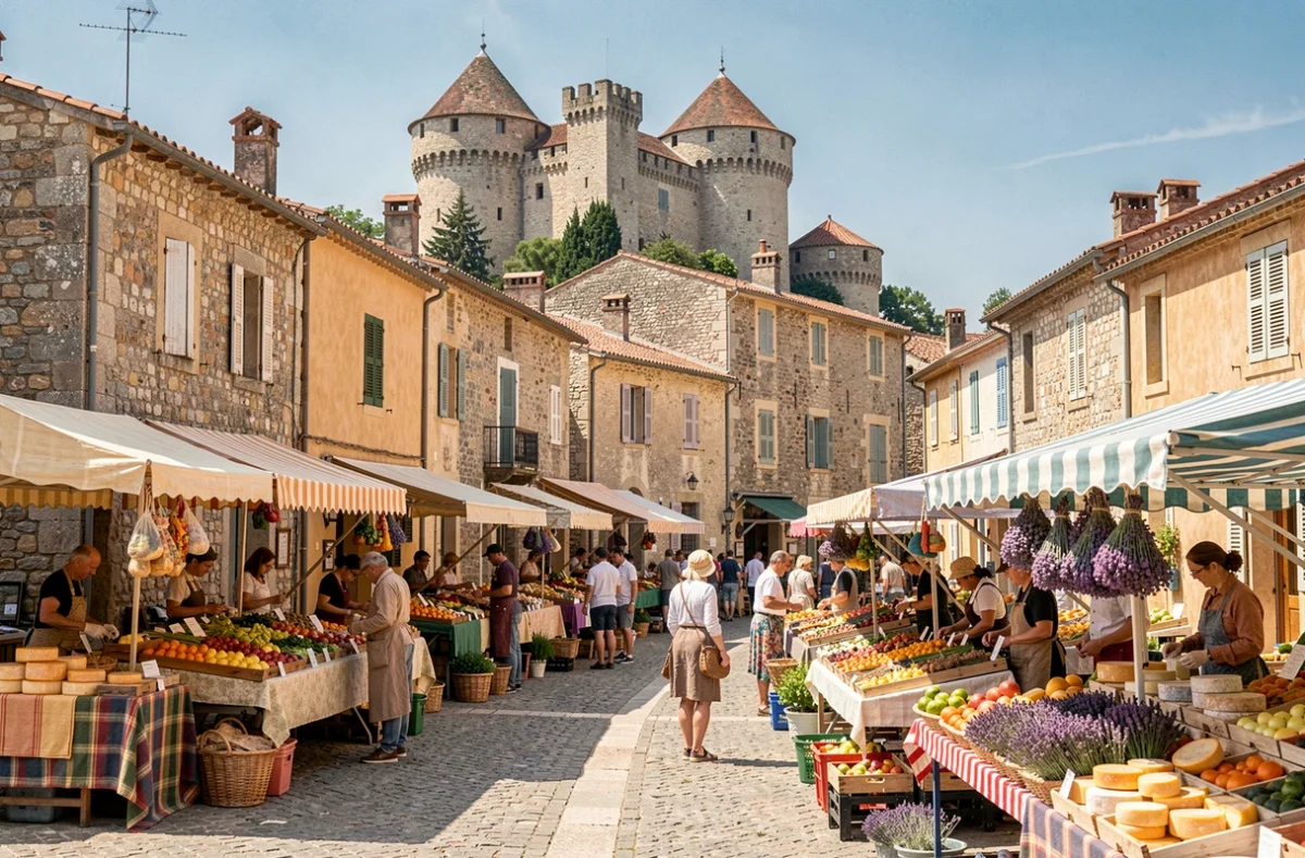 Marché provençal de Lourmarin avec le château Renaissance en arrière-plan sur la place du village