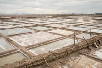Marais salants de Guérande en 2026, vue aérienne des bassins de sel avec outils traditionnels