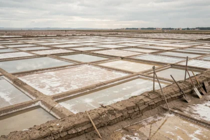 Marais salants de Guérande en 2026, vue aérienne des bassins de sel avec outils traditionnels