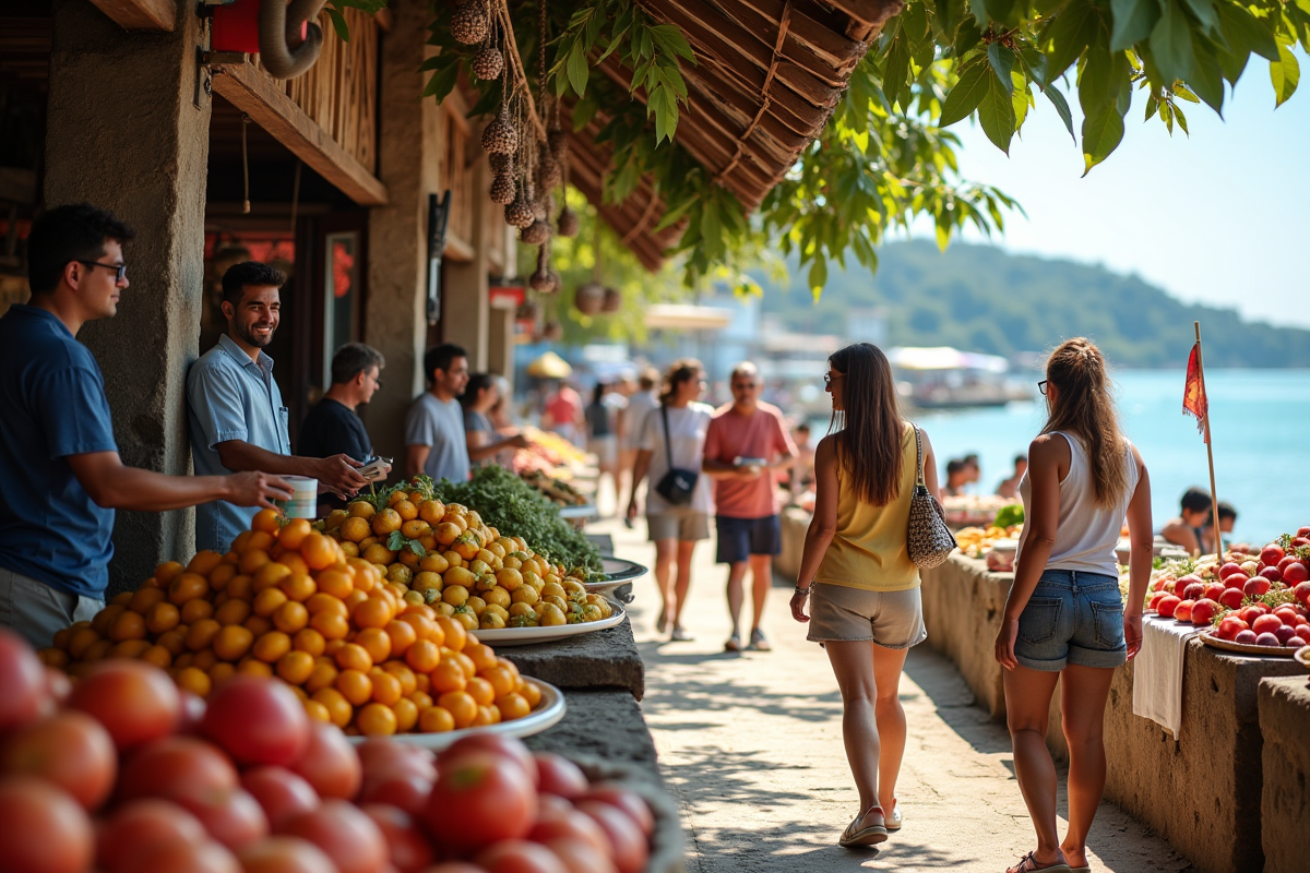 Marché local au bord de la mer avec touristes et vendeurs