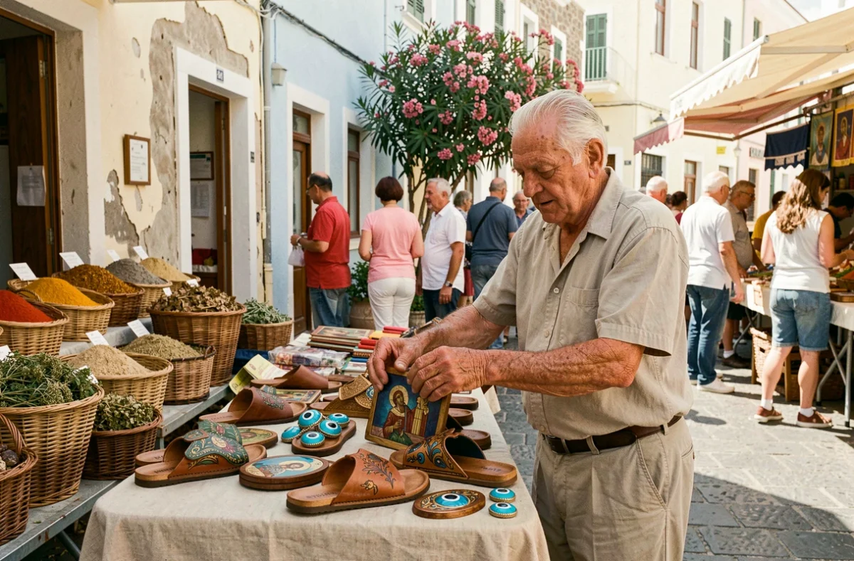 Marchand artisanal vendant sandales et amulettes dans le marché de plein air du quartier Plaka à Athènes