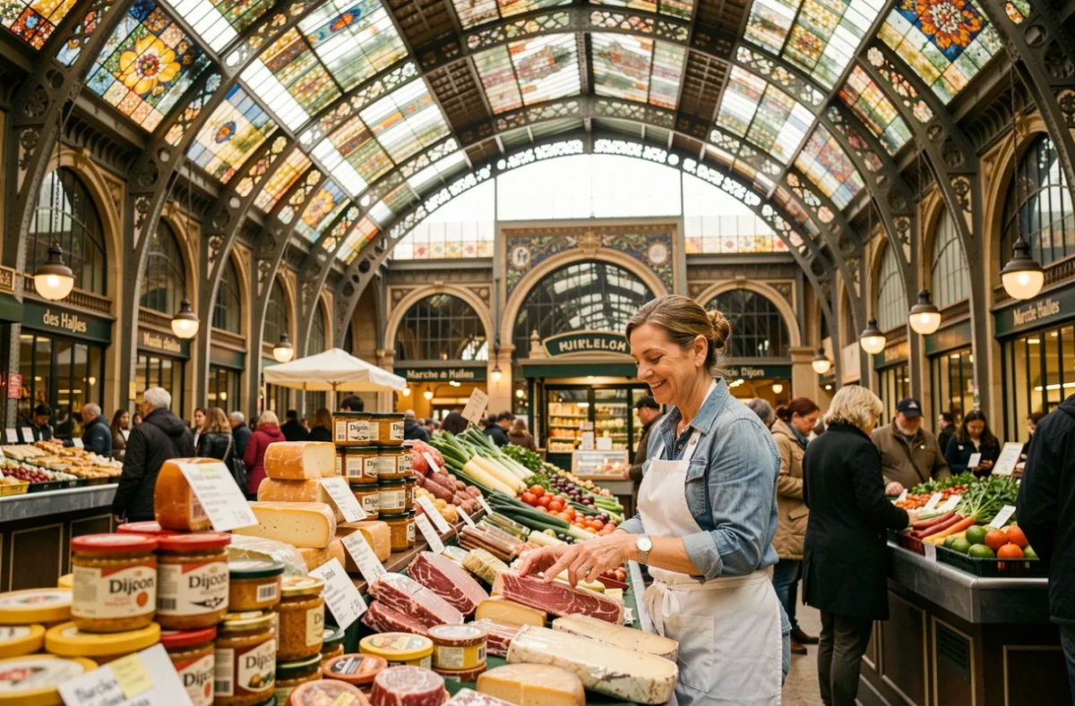 Intérieur du marché couvert des Halles de Dijon avec structure métallique Eiffel et étals de produits bourguignons