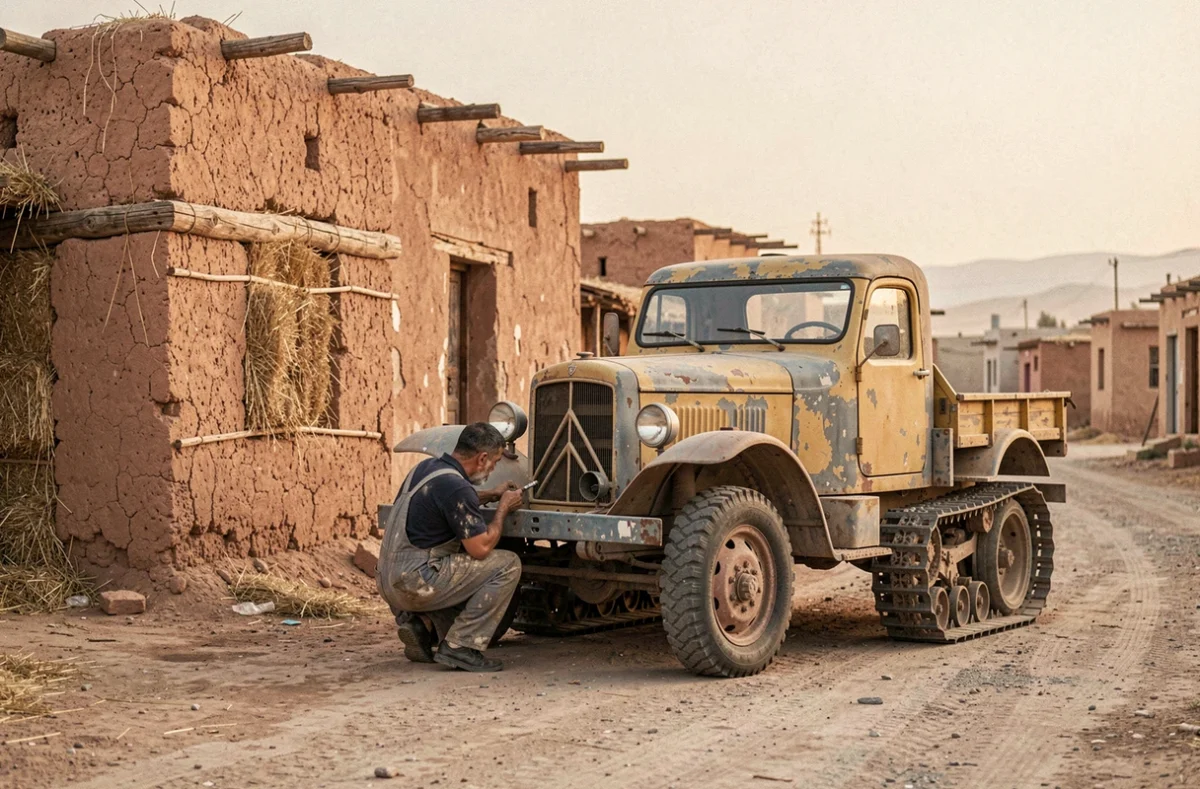 Mécanicien inspectant un half-track Citroën jaune devant un caravansérail en pisé, atmosphère d'aventure historique en Asie centrale