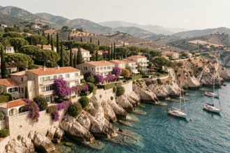 Vue panoramique sur la côte varoise avec des hôtels de charme nichés entre pins et falaises rocheuses au bord de la Méditerranée
