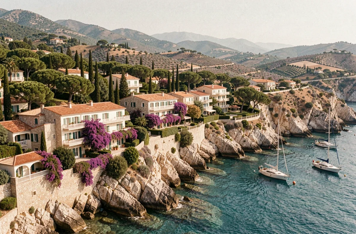 Vue panoramique sur la côte varoise avec des hôtels de charme nichés entre pins et falaises rocheuses au bord de la Méditerranée