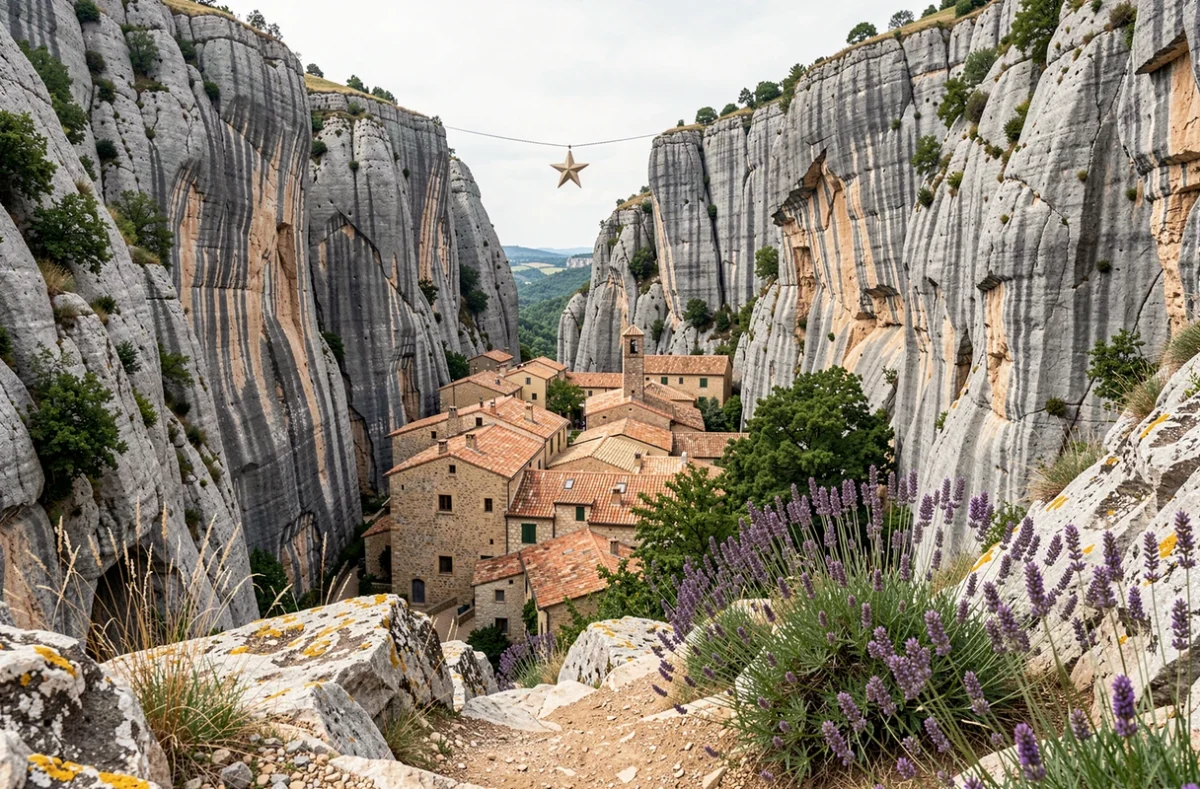 Village de Moustiers-Sainte-Marie encaissé entre deux falaises calcaires avec l'étoile suspendue au-dessus du village