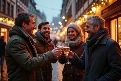 Groupe d'amis fêtant le Nouvel An dans les rues de la Petite France à Strasbourg, verres de crémant à la main et bâtiments à colombages en arrière-plan