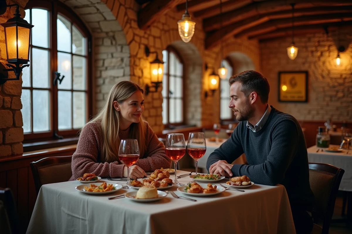 Couple partageant une expérience gastronomique insolite dans une winstub alsacienne à Strasbourg pour le réveillon du Nouvel An