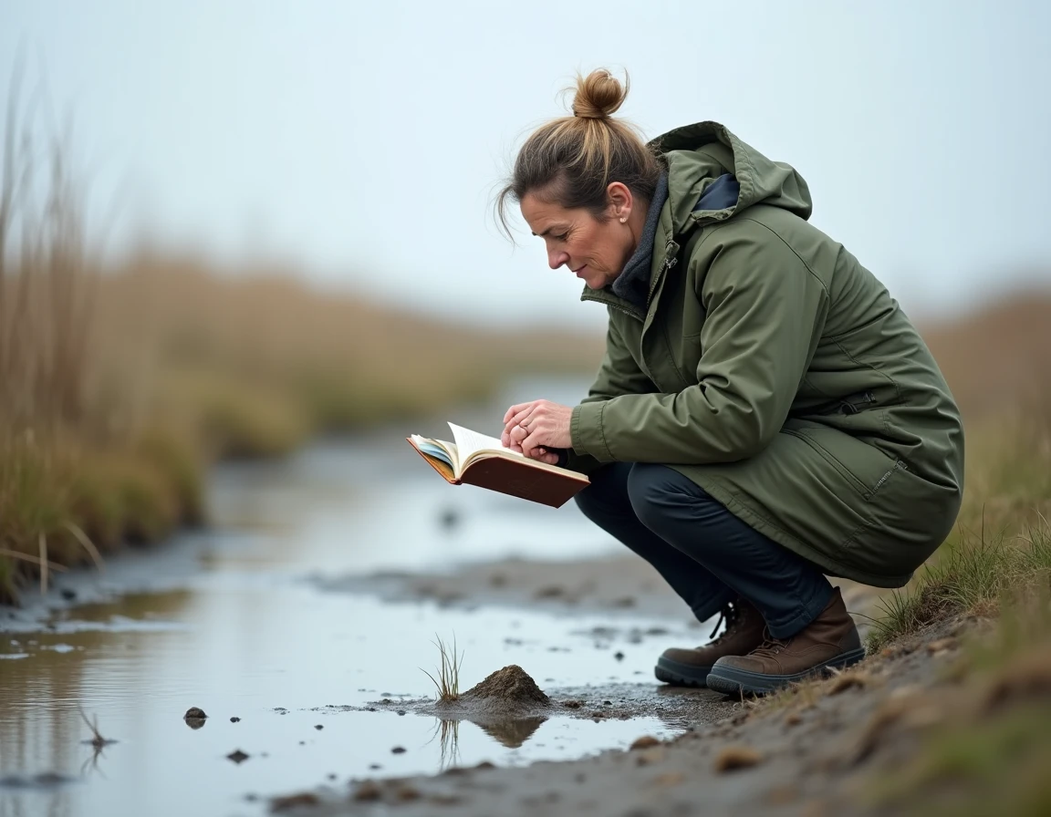 Femme observant la faune des vasières de la plage de Pennedepie lors d'une marée basse en 2026