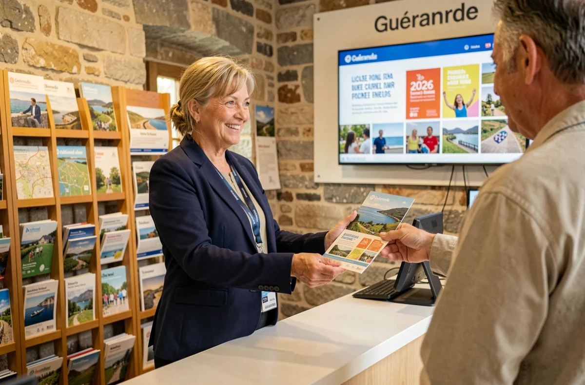 Agente de l'office de tourisme de Guérande conseillant des visiteurs sur les événements 2026