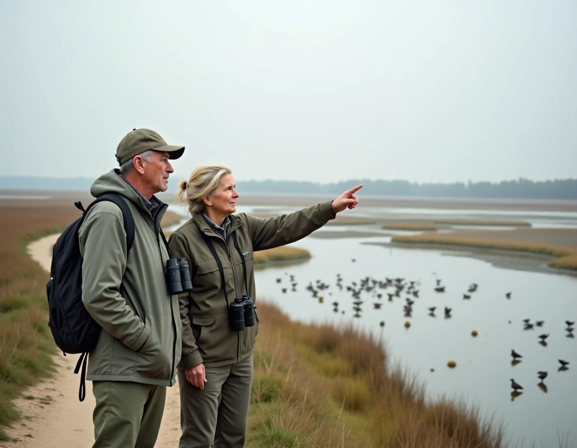 Deux ornithologues observant les oiseaux migrateurs depuis la digue des marais de Pennedepie en 2026