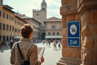 Panneau ZTL à l'entrée du centre historique de Sienne avec la Piazza del Campo en arrière-plan