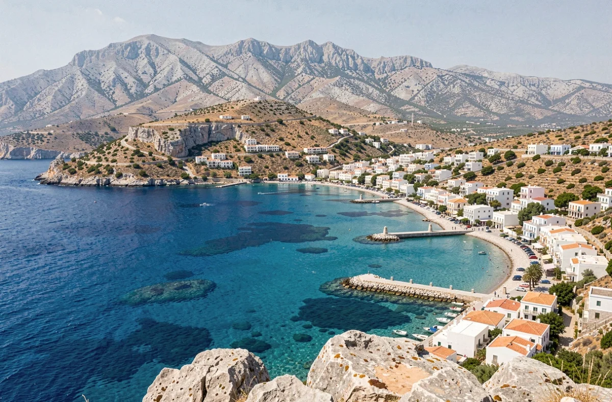 Vue panoramique du littoral crétois près de La Canée avec une baie turquoise et les Montagnes Blanches en arrière-plan