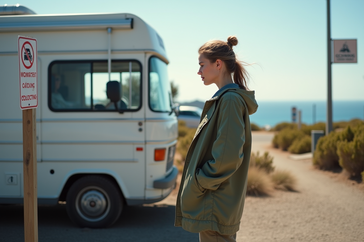 Jeune femme vérifiant panneau de stationnement côtier