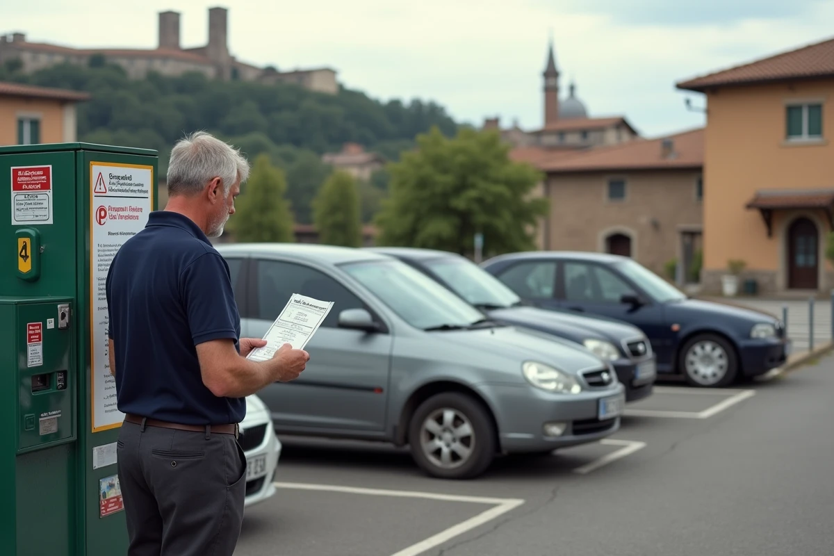Horodateur de parking en périphérie de Sienne avec vue sur les tours médiévales de la ville