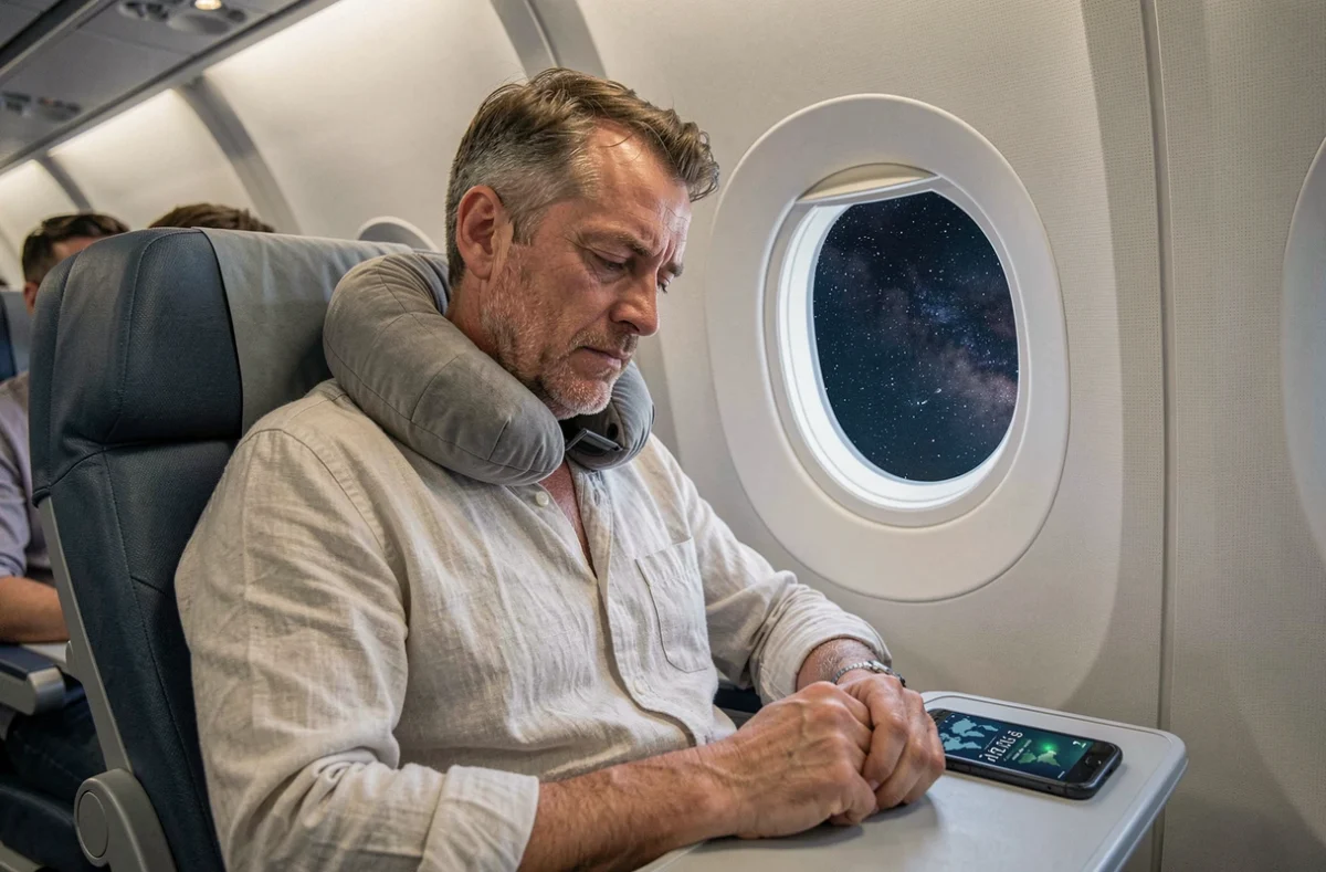 Passager fatigué dans un avion consultat une application d'horloge mondiale sur son téléphone pendant un vol Paris La Réunion de nuit