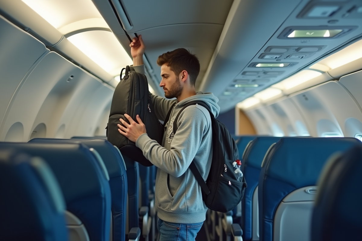 Jeune homme plaçant un sac dans le compartiment avion