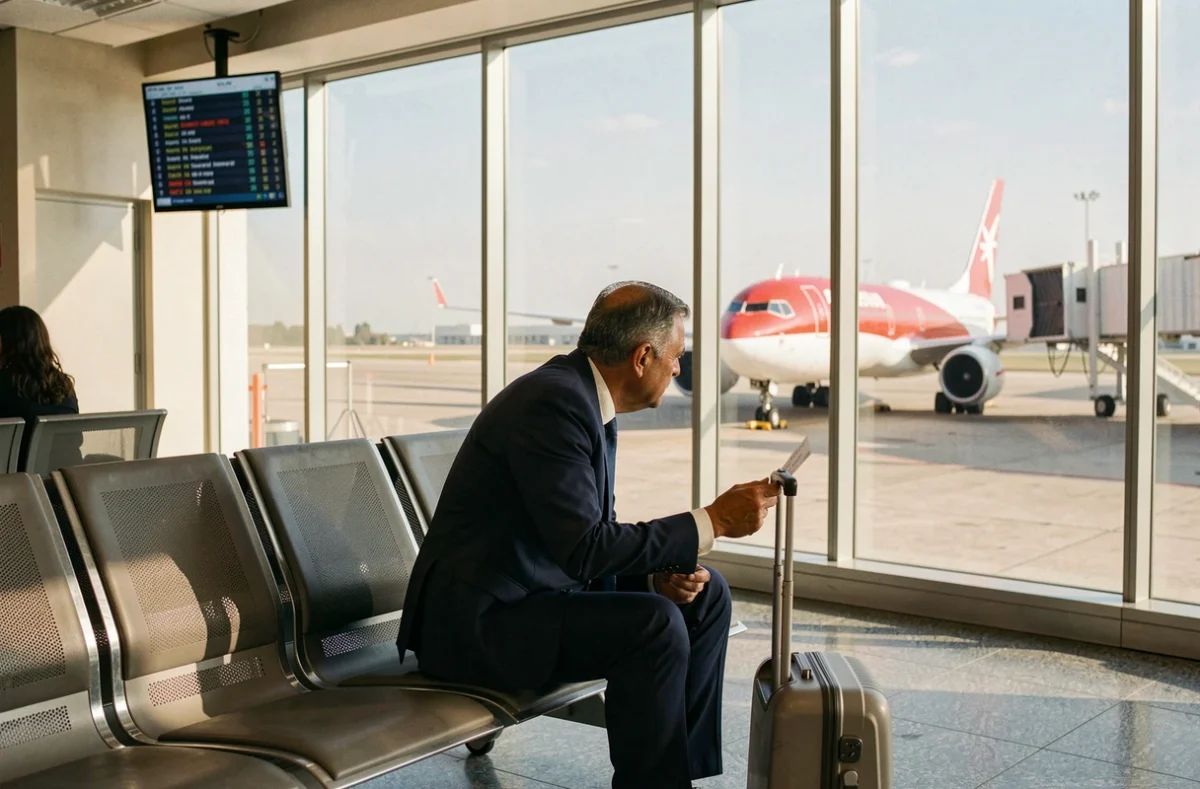 Passager en attente dans une salle d'embarquement à l'aéroport Mohammed V de Casablanca avec avion visible sur le tarmac