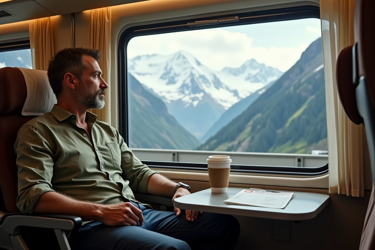 Passager dans un train grande vitesse admirant le paysage alpin sur le trajet Lyon-Italie