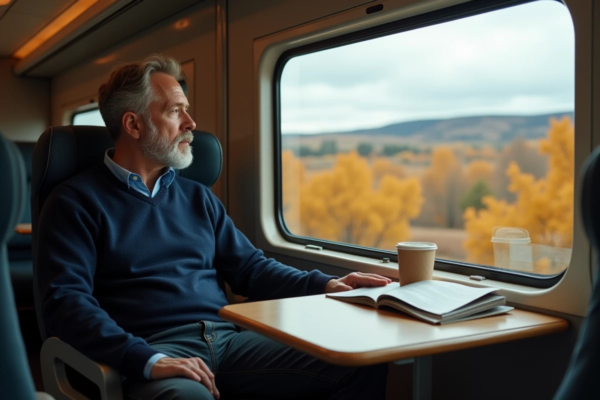 Passager contemplant le paysage automnal depuis la fenêtre d'un train sur le trajet Montréal–New York