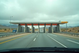 Péage en Espagne avec panneaux Peaje visibles depuis l'intérieur d'un véhicule sur une autoroute