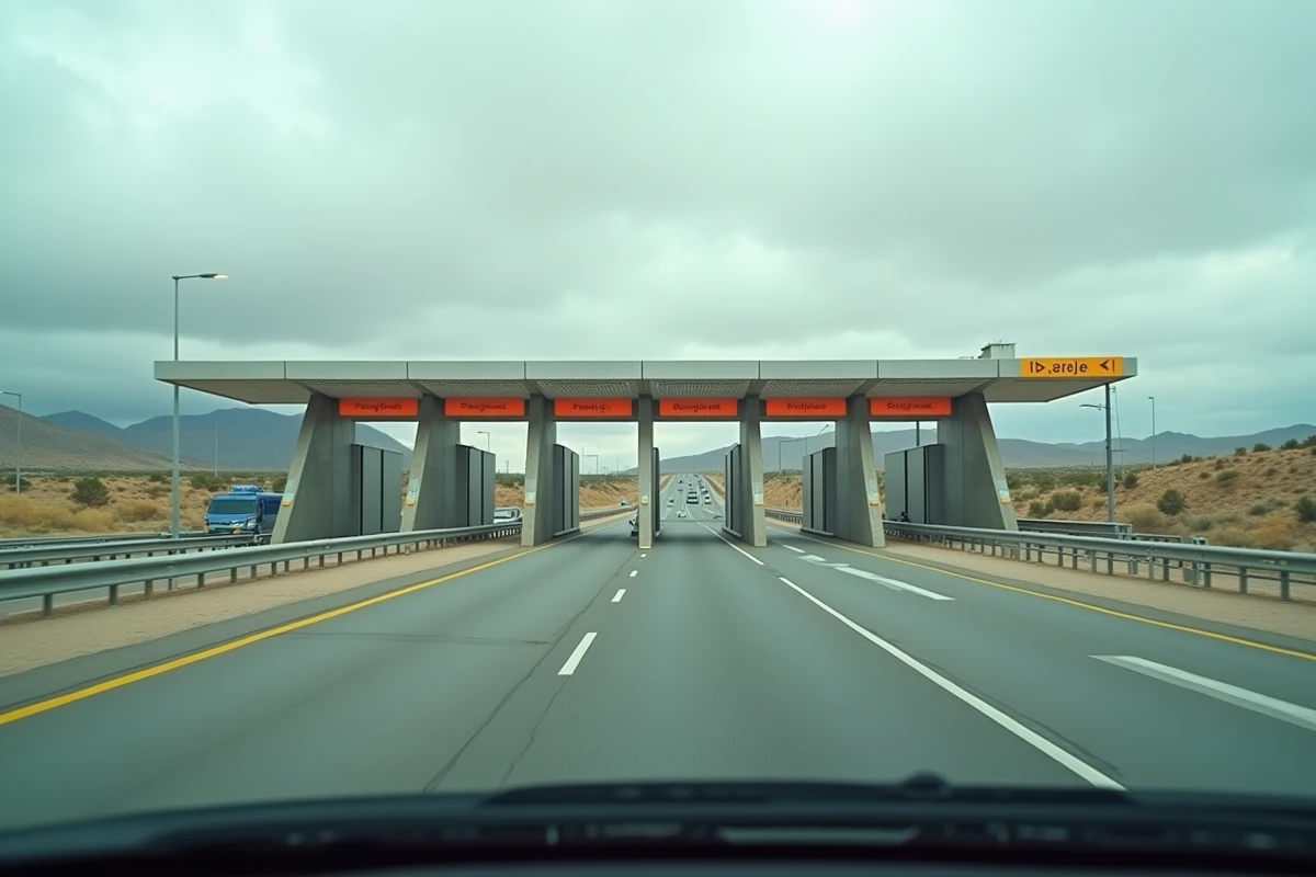 Péage en Espagne avec panneaux Peaje visibles depuis l'intérieur d'un véhicule sur une autoroute
