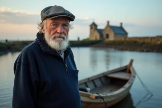 Pêcheur breton ancien avec bateau au coucher de soleil