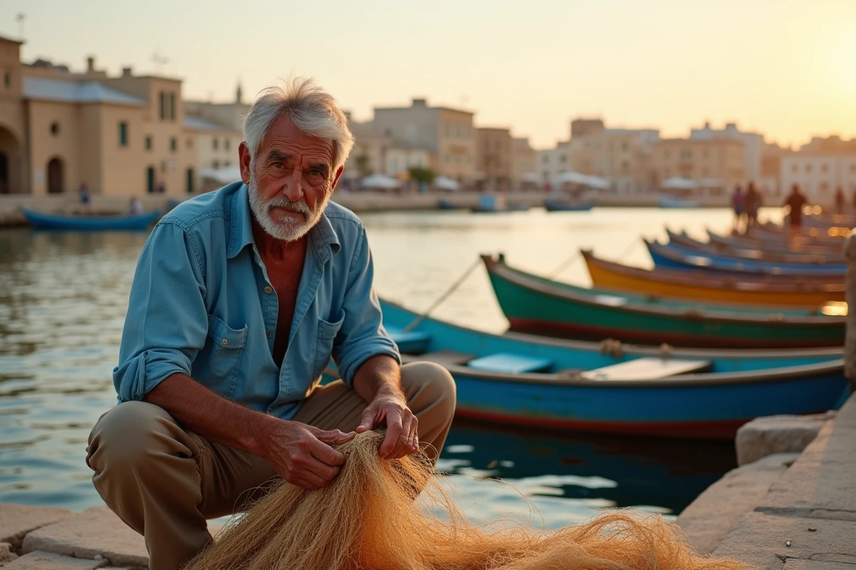 Pêcheur maltais réparant ses filets au coucher du soleil à Marsaxlokk