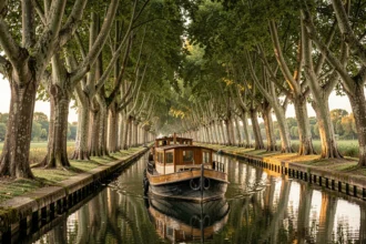 Péniche en bois naviguant sous les platanes centenaires du Canal du Midi en croisière fluviale