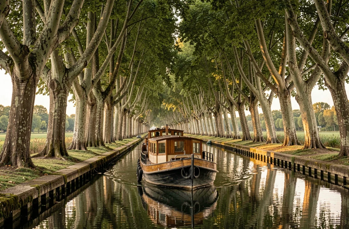 Péniche en bois naviguant sous les platanes centenaires du Canal du Midi en croisière fluviale