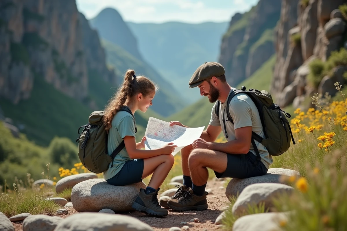 Pere et fille consultent une carte dans la gorge de Gorropu