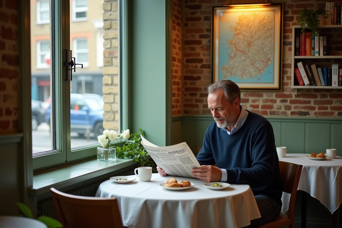 Salle de petit-déjeuner intime d'un hôtel de charme londonien avec décoration vintage et client lisant un journal autour d'une table en lin blanc