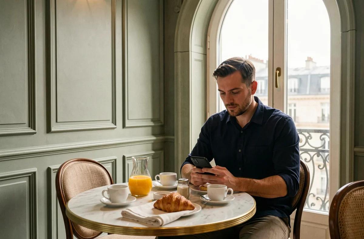 Petit-déjeuner parisien dans la salle à manger d'un hôtel élégant proche du musée d'Orsay
