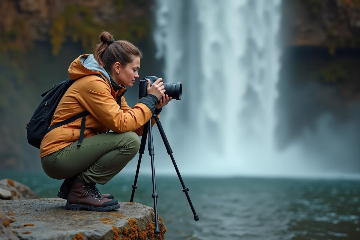 Photographe femme prenant des clichés de la cascade de la Vis au lever du soleil