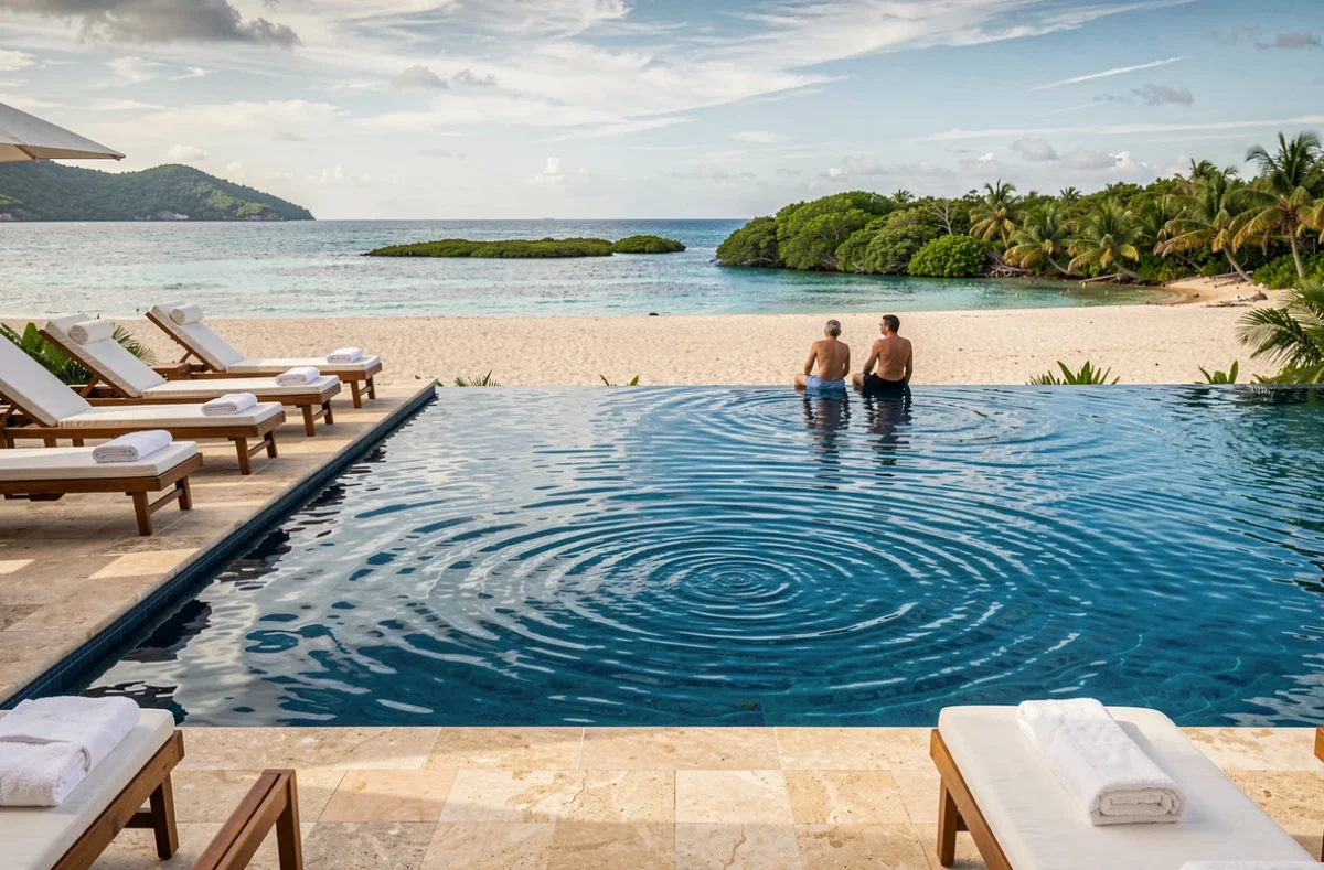 Piscine à débordement d'un hôtel 5 étoiles en Guadeloupe se fondant dans le lagon des Caraïbes avec vue panoramique sur la mer