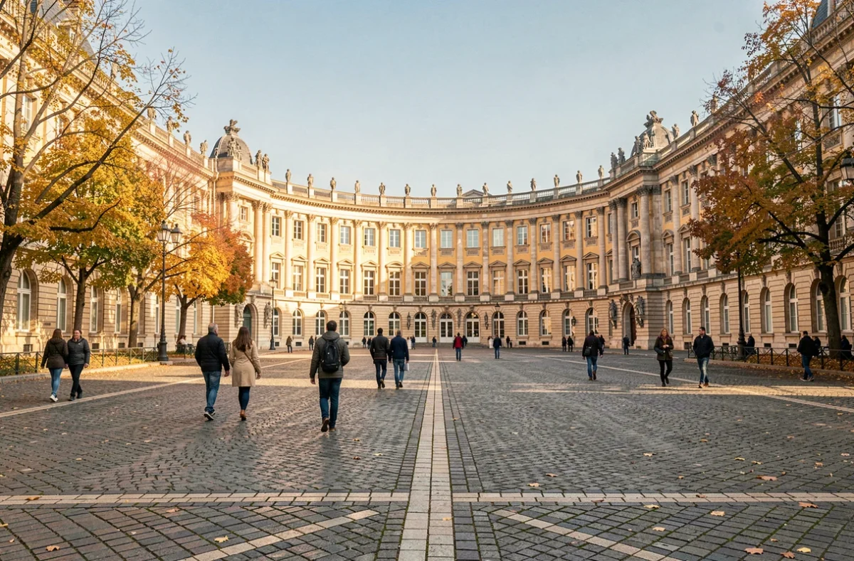 Place de la Libération à Dijon avec la façade du Palais des Ducs de Bourgogne en arrière-plan lors d'un matin d'automne