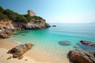 Vue panoramique de la plage de Fautea en Corse avec eaux turquoise et tour génoise sur promontoire rocheux