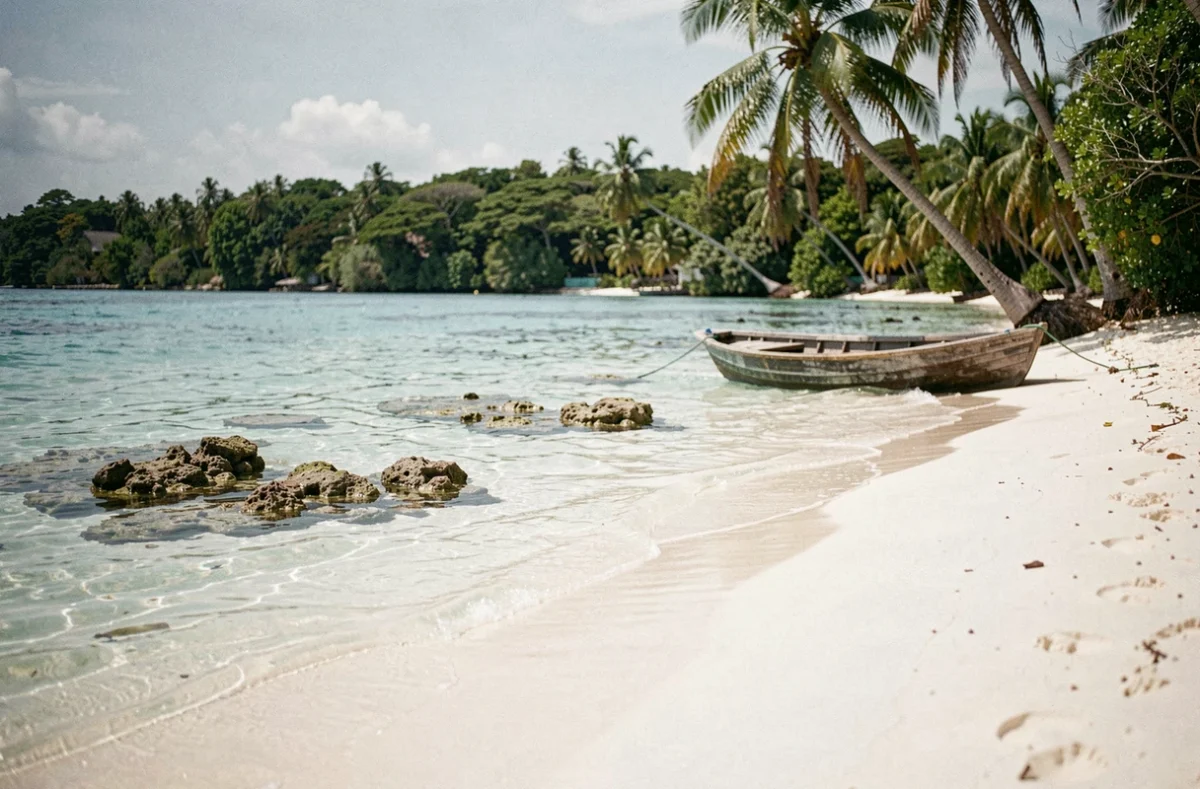 Plage déserte et lagon turquoise aux îles Grenadines avec un dinghy échoué sur le sable blanc