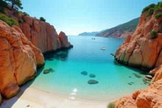 La plage de Palombaggia en Corse avec ses rochers de granit rouge et ses eaux turquoise cristallines