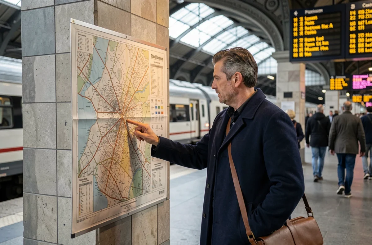 Voyageur consultant le plan de la gare Lille Flandres près d'un pilier