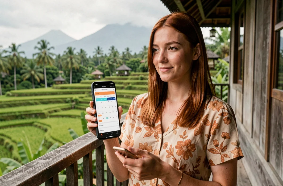 Femme consultant son planning sur smartphone depuis le balcon d'une guesthouse balinaise face aux rizières, en télétravail depuis l'Indonésie