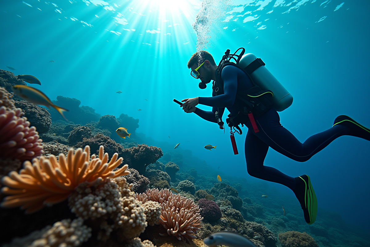 Plongeur sous-marin vérifiant son ordinateur de plongée