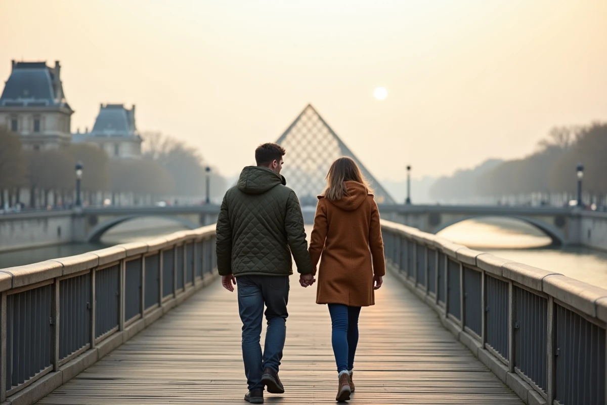 Couple traversant le Pont des Arts à Paris au petit matin, pont vide avec le Louvre en arrière-plan et le ciel pastel reflété dans la Seine