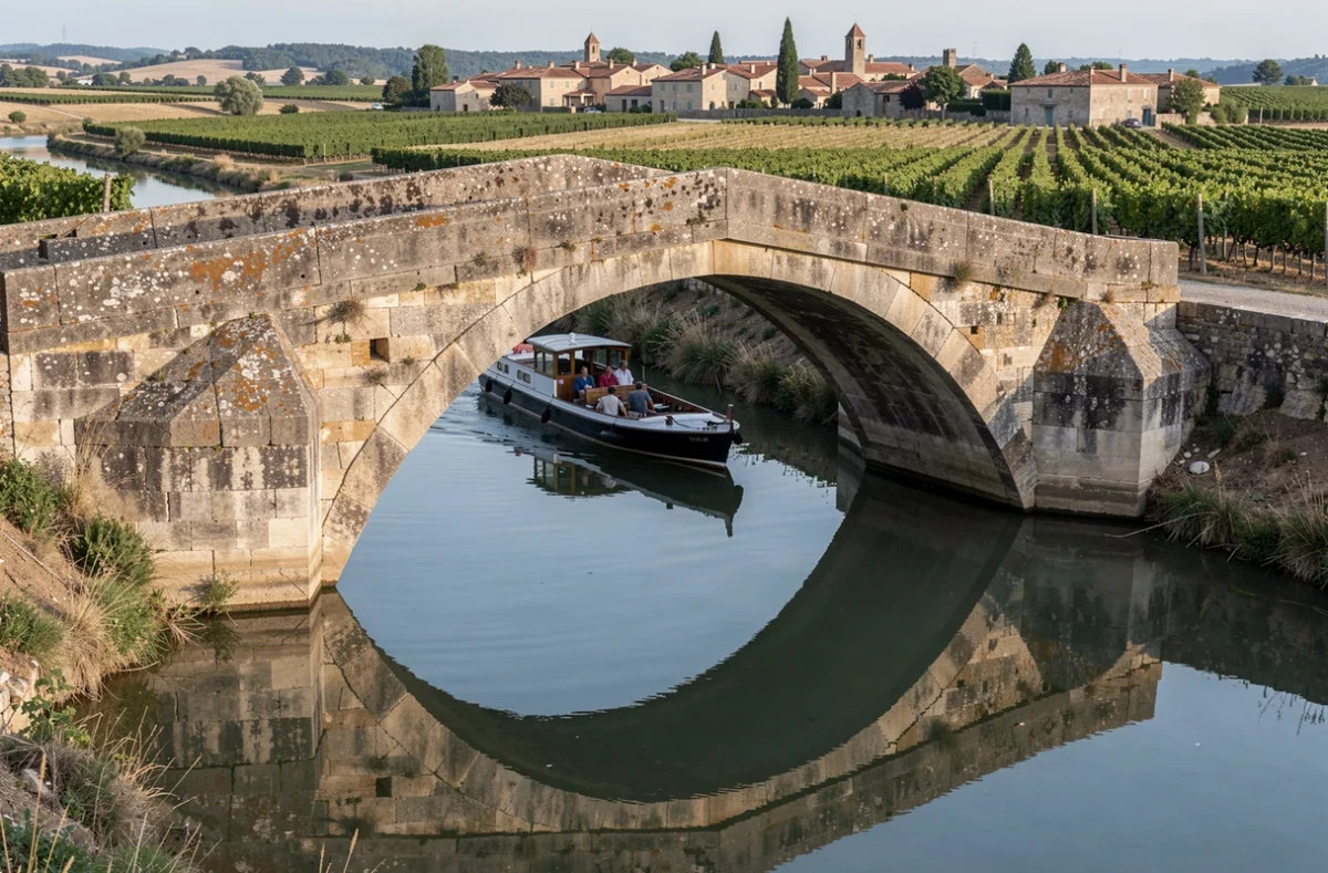 Pont en pierre historique sur le Canal du Midi avec un bateau passant sous l'arche et reflet dans l'eau