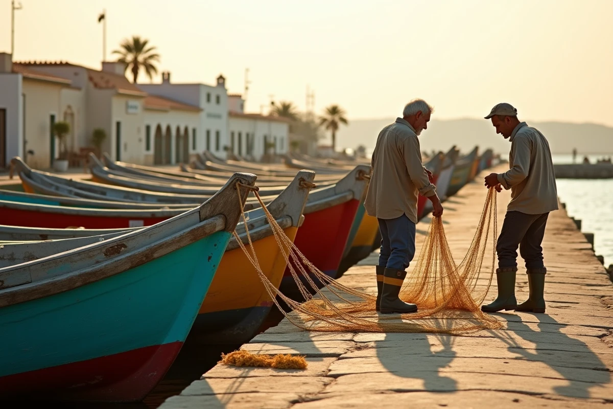 Port discret d'un village côtier tunisien avec pêcheurs locaux réparant leurs filets au bord de bateaux colorés