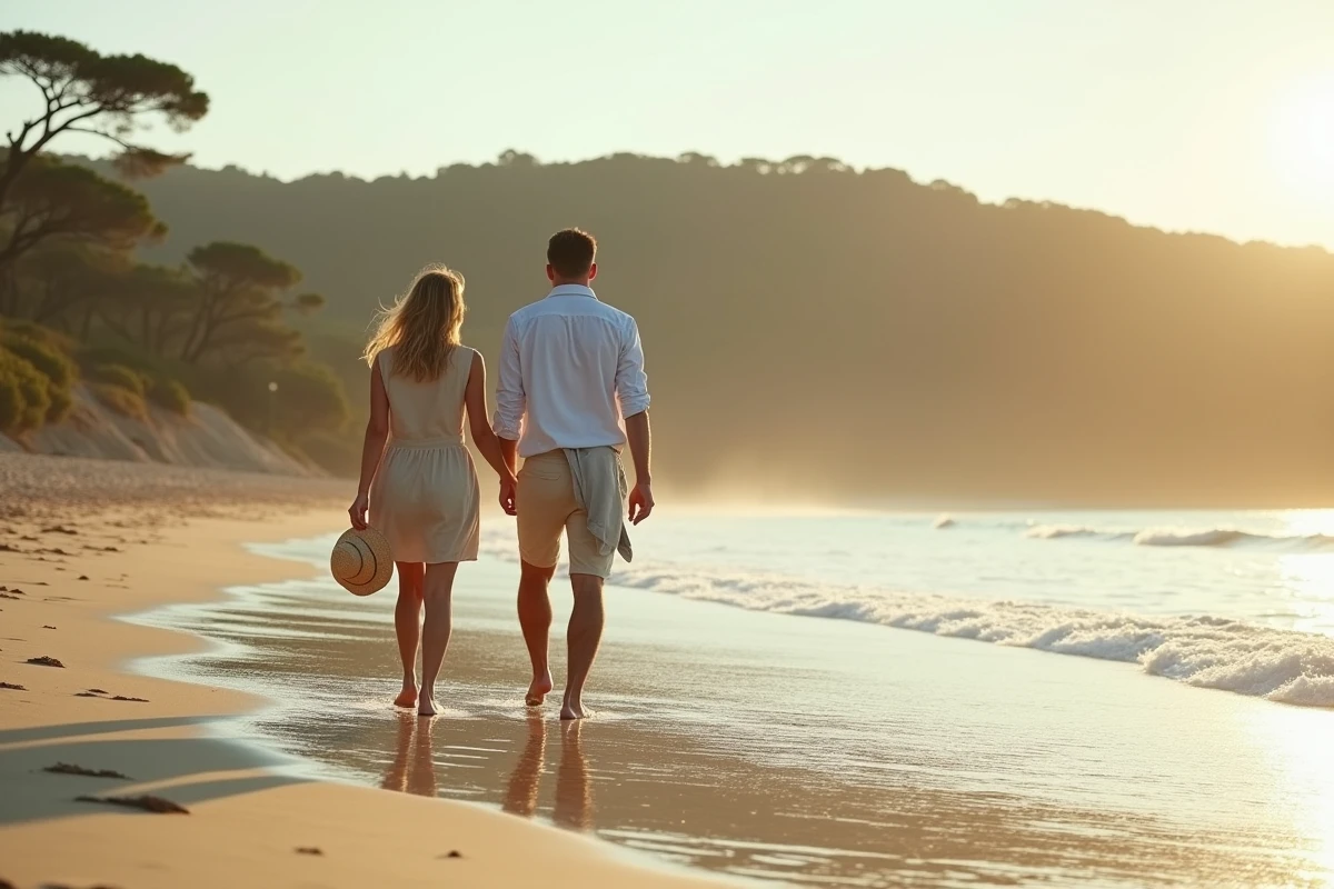 Couple se promenant pieds nus sur le sable mouillé de la plage de Palombaggia en fin de journée