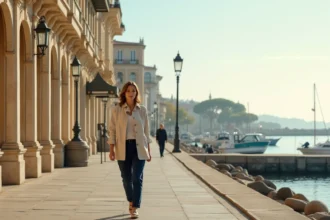 Femme se promenant sur le front de mer d'Arcachon avec les villas historiques et le Bassin en arrière-plan