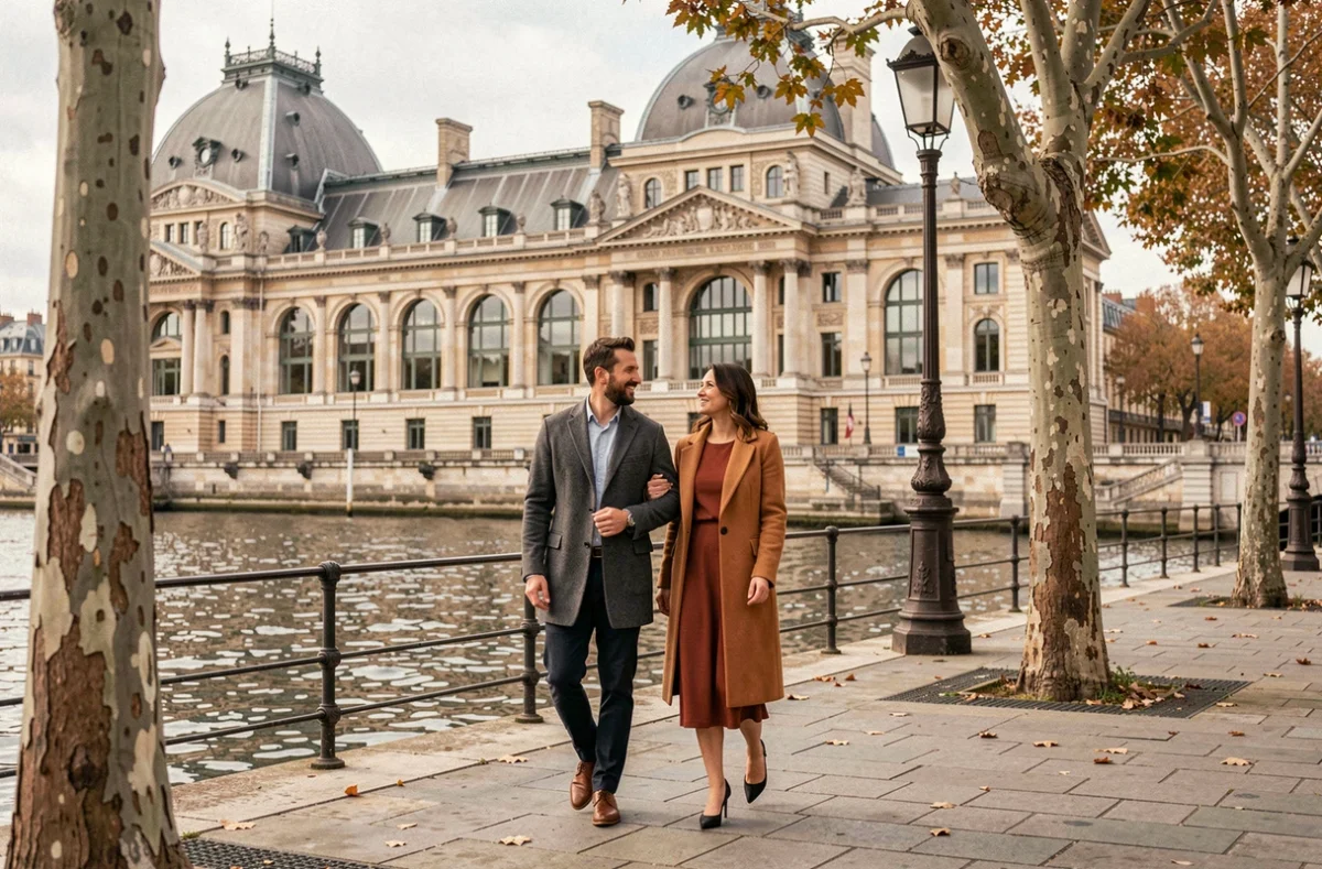 Couple se promenant sur les quais de la Seine avec le musée d'Orsay en arrière-plan à Paris