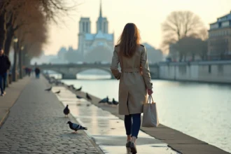 Femme se promenant seule au bord de la Seine à Paris au lever du jour, quais déserts et Notre-Dame en arrière-plan dans la brume matinale